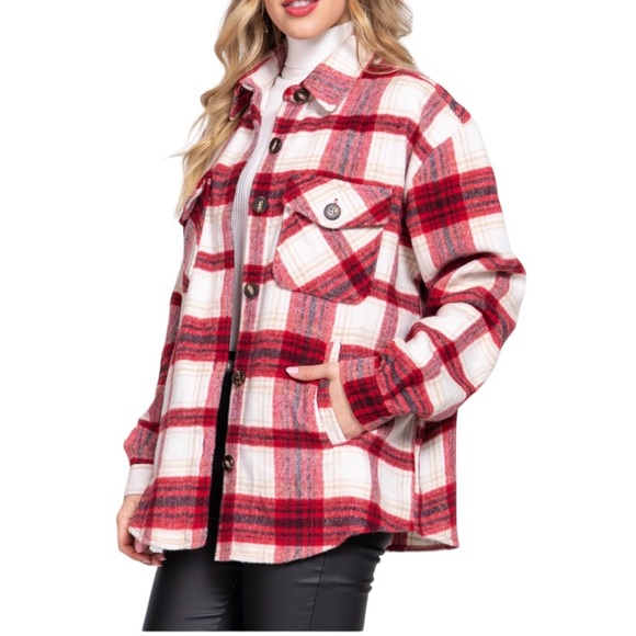 CHICBOMB Jackets & Blazers - WOOL PLAID SHACKET WITH POCKETS - RED